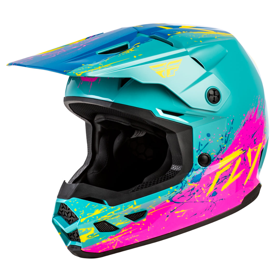 Fly Racing YOUTH Kinetic Drip MX Helmet Turquoise/Pink/Yellow