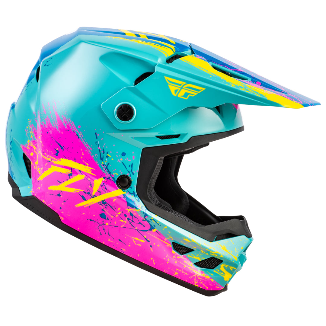 Fly Racing YOUTH Kinetic Drip MX Helmet Turquoise/Pink/Yellow