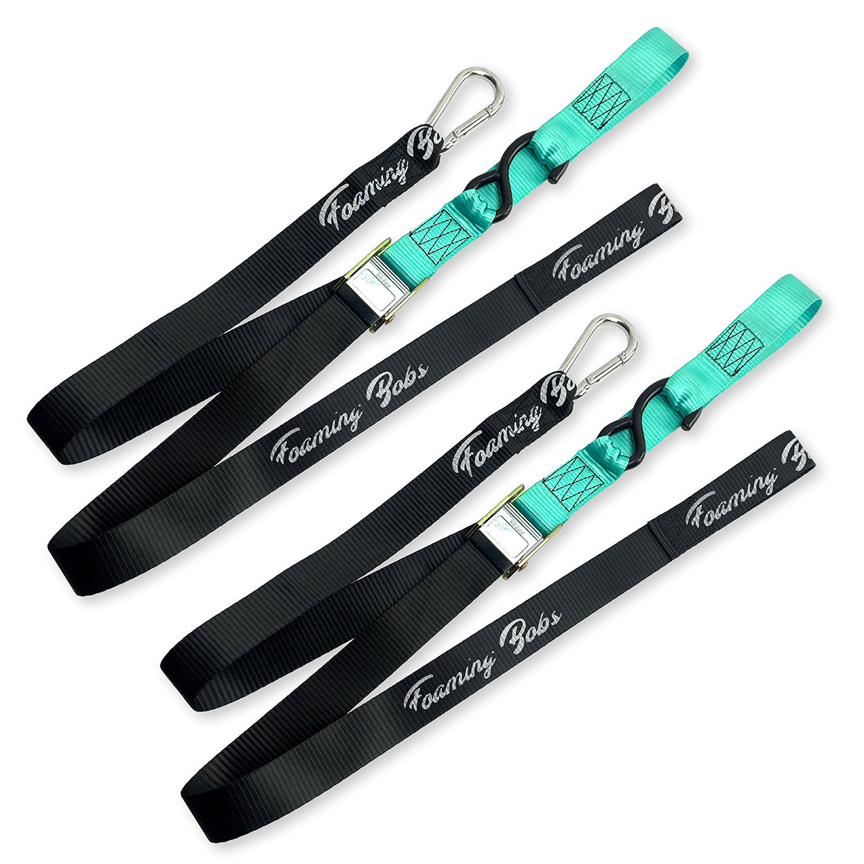Foaming Bob's Pro 1.5" wide Tie Downs with Carabiner Clip and Extra Loop - Aqua/Black