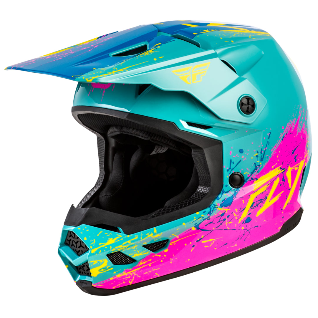 Fly Kinetic Youth Drip MX Helmet Turquoise/Pink/Yellow