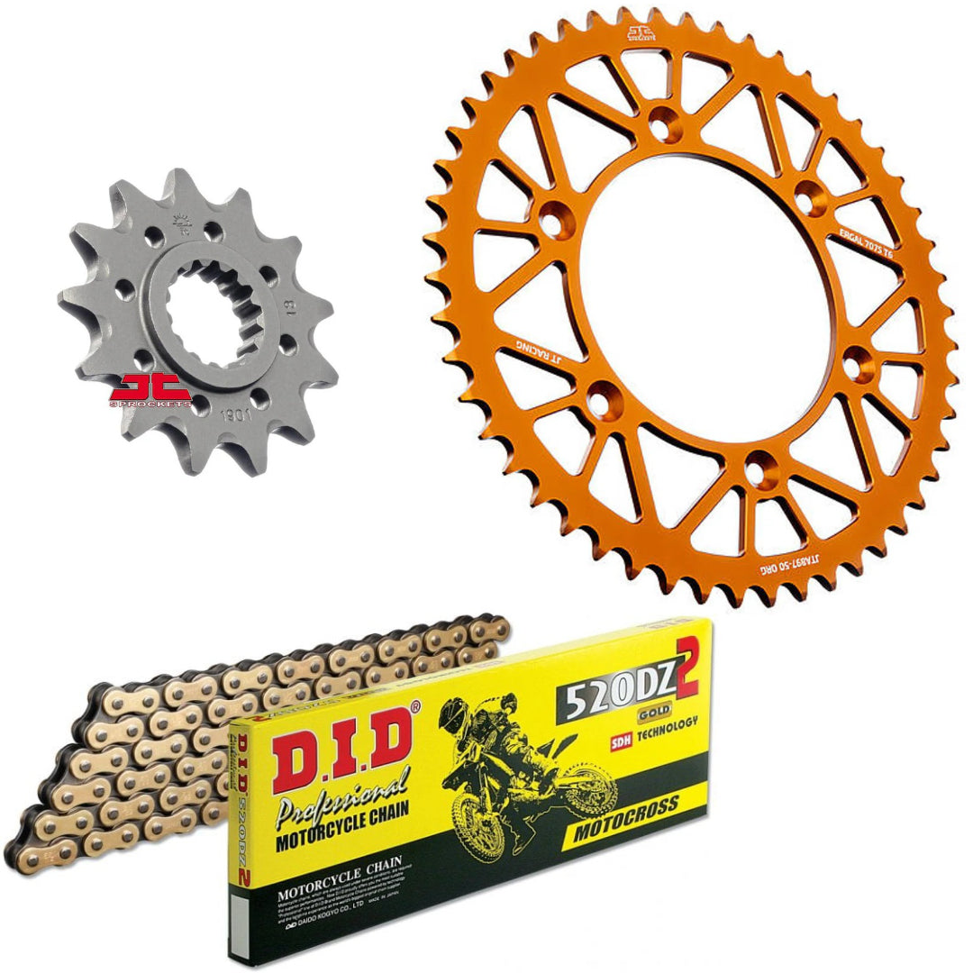 JT Chain And Sprocket Kit, DID DZ2 Chain KTM SX/SXF EXC/EXC-F 91-26, Husky TC/FC/TE/FE 14-26 Gas Gas MC/EC/EX 21-26, Triumph TF 250/450 X/E 25-26 Orange