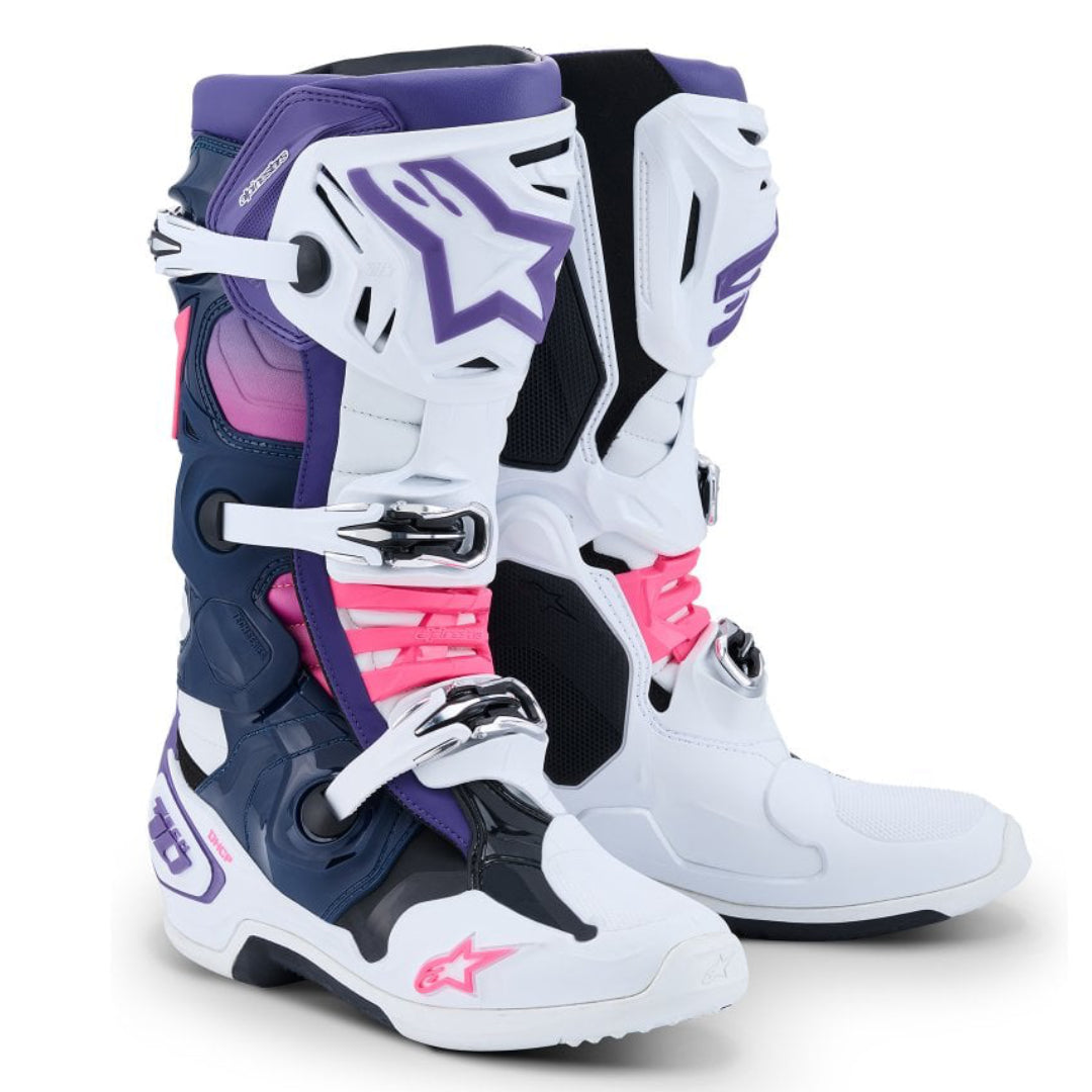 Alpinestars Tech 10 Motocross Boots White/Violet/Navy Blue/Pink Fluo